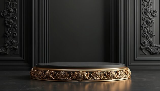 Elegant gold and black podium stands on dark floor. Ornate decorative base. Luxury product display stage. Fashion, retail, event backdrop. High end presentation platform.