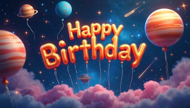 Orange balloons spell Happy Birthday in starry space with pink clouds below. Planets float like balloons against night sky. Cosmic celebration theme graphic.
