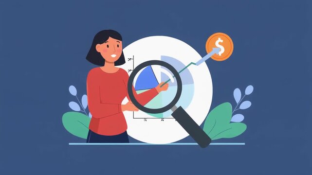 Woman in red shirt examining pie chart and financial graph with magnifying glass and dollar coin business