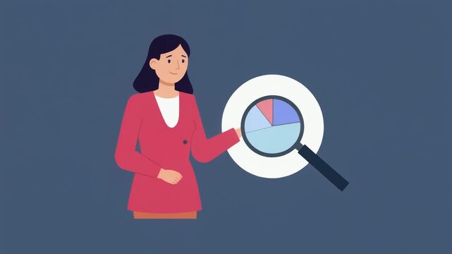 Woman in pink jacket looking at pie chart through magnifying glass business analysis