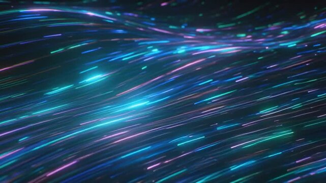High-tech 3D abstract background with flowing blue and purple neon streams, elegant curved lines forming a dynamic cyberspace environment, striped creative textures enhancing depth, rays of light