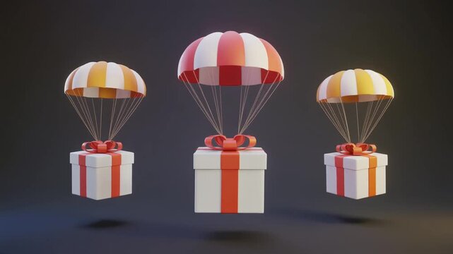 Three gift boxes with red and white or orange and yellow striped parachutes descending against a dark background