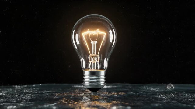 A glowing light bulb with water splashing against it on a dark background