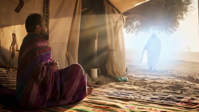 God Appeared to Abraham Near the Oaks of Mamre, where he was Sitting at his Tent Door. Biblical Story Scene