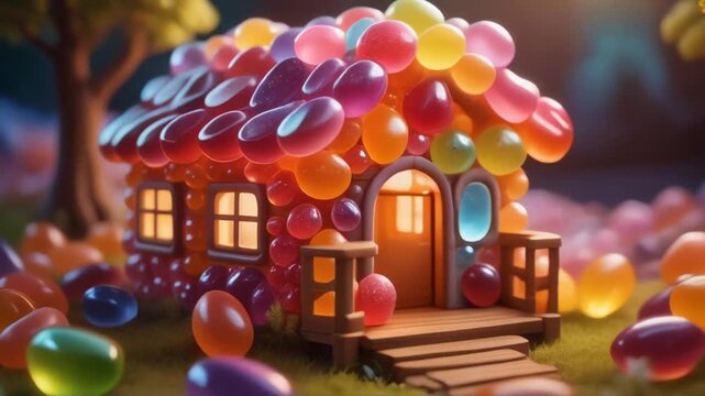 Enchanting candy house with colorful gumdrops and jelly beans in a whimsical outdoor setting with trees