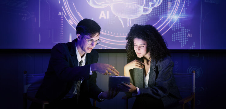 Ai using. Business team using technology artificial intelligence with digital Ai assistant. Futuristic innovation AI technology collab and biz ideas for future work. Business AiTech Startup meeting.