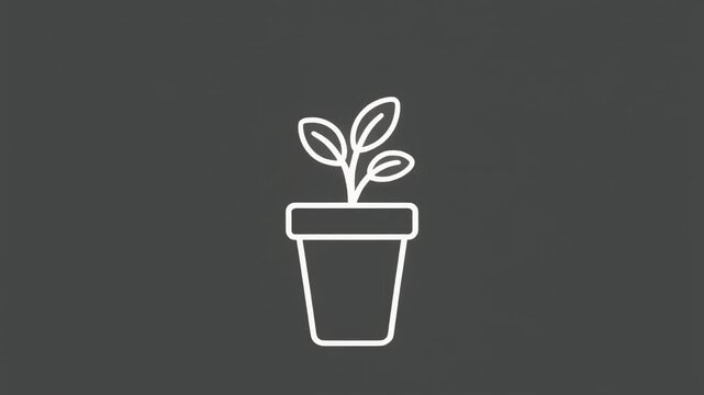 Minimalist White Line Art Illustration of a Potted Plant with Leaves on a Dark Gray Background plant icon