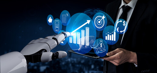 Innovative Robot Hand and Businessman Collaborating on Digital Financial Analytics with Graphs and...