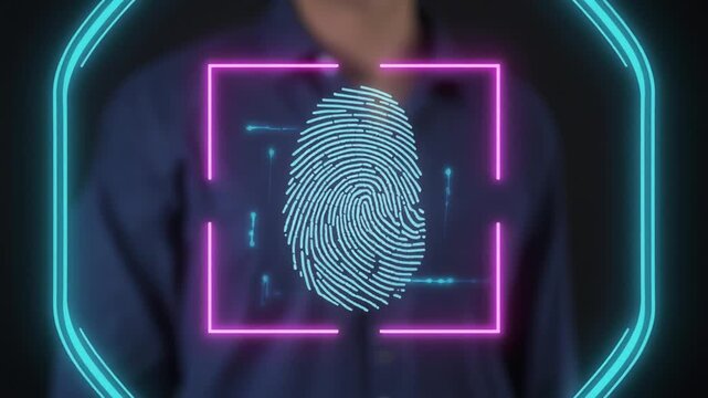 Person's Fingerprint Scan with Futuristic Neon Border and Digital Interface Elements biometric identification