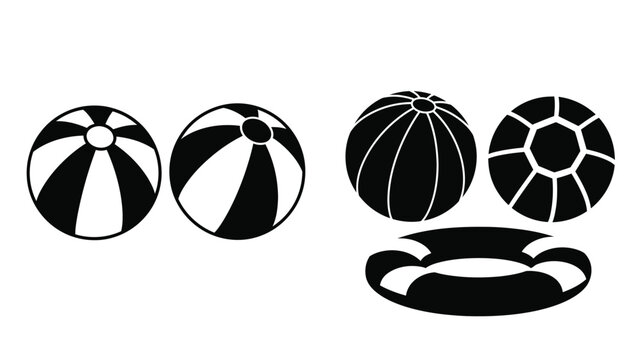 Black and white graphic of various beach balls and a float silhouette