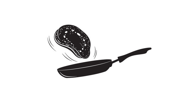 A steak is being flipped in a pan, viewed from the side, showcasing a cooking action in a kitchen environment with a focus on the food.