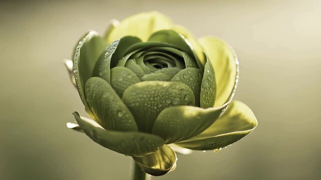 Close up of a green flower with detailed petals and soft lighting