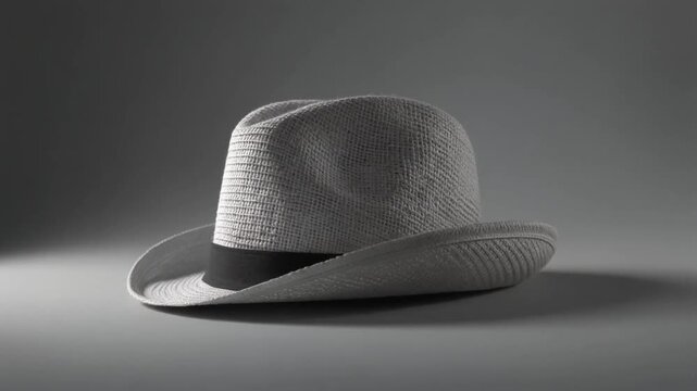 A White Woven Fedora Hat with a Black Band on a Gray Background straw