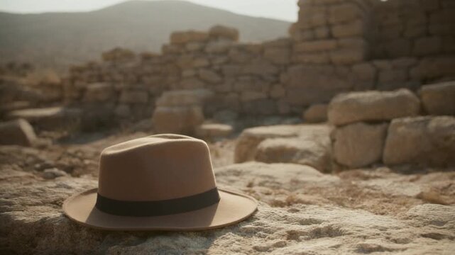 Brown Fedora Hat Resting on Ancient Stone Ruins in a Desert Landscape image photo