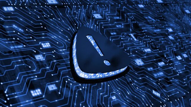 Royal blue color data protection microchip glowing data transfer cyber security 3d error sign hi tech design black technology background