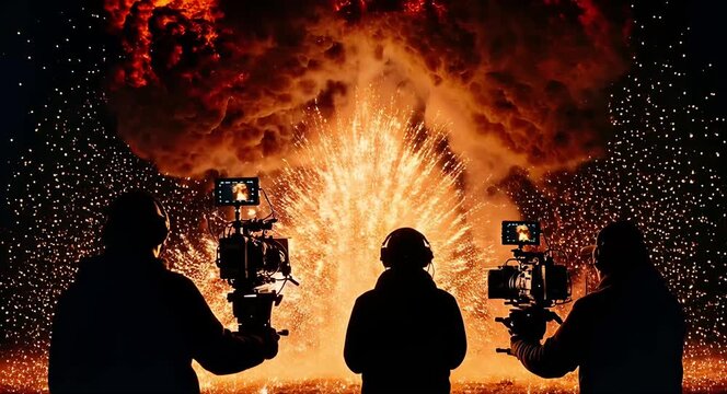Dramatic film crew capturing massive explosion at night
