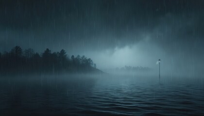 Fototapeta premium Dark moody scene with rain falling over a misty lake and forest. A lone lamppost shines light. Gloomy atmosphere for background or design elements.