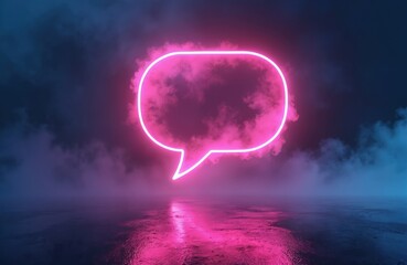 Fototapeta premium Glowing neon speech bubble floats in smoky darkness. Pink and blue lights reflect on wet ground. Represents ideas, conversation, and modern communication concepts. Abstract art conveys thoughts.