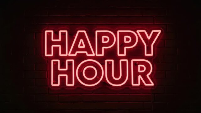 Happy hour neon sign glowing on dark brick wall for bar promotion and nightlife advertising