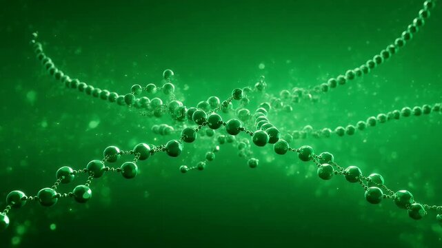 Abstract metallic spheres linked in a chain against a dark green background