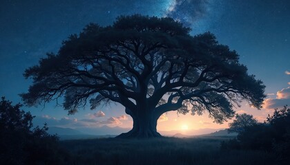 Fototapeta premium Giant ancient oak tree with spreading branches under starry sky at sunrise. Vast peaceful landscape with mountains and clouds in soft morning light.