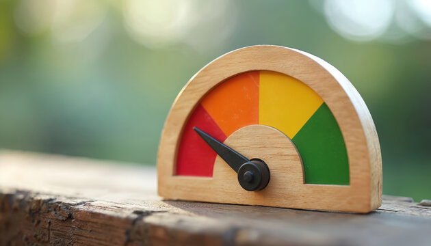 Wooden gauge shows credit score progress from red to green. Indicator needle points towards orange zone suggesting average rating. This object represents financial health and assessment.