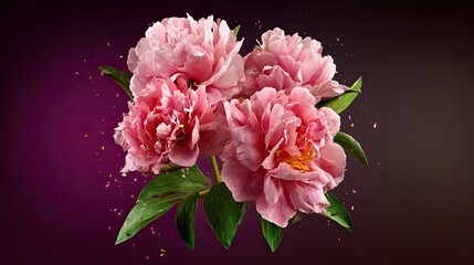Obraz premium Lush pink blossoms with green foliage float against a gradient dark purple background