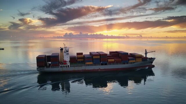 Transporting cargo by ship during sunset over calm waters in a coastal landscape