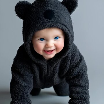 Un beb&eacute; vestido de oso sentado sobre un fondo gris, sonriendo y extendiendo los brazos.