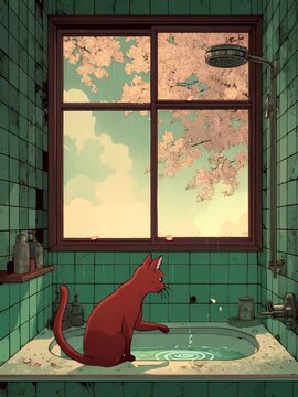 Un gato rojo observa la lluvia de flores de cerezo desde una ba&ntilde;era de azulejos verdes.