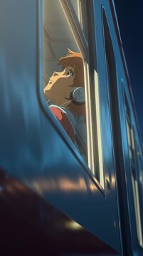 Un zorro antropom&oacute;rfico contempla el paisaje desde la ventana de un tren.