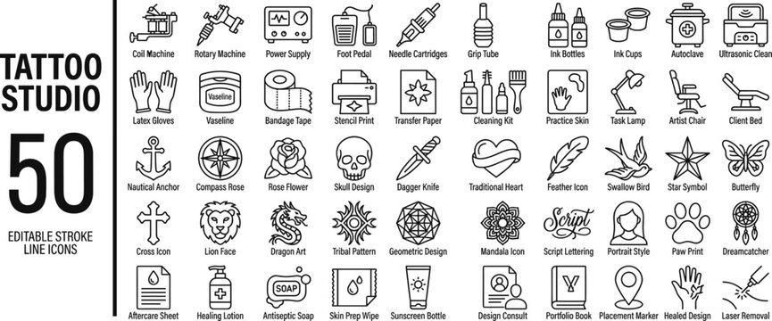 Tattoo Studio Line Icons Set &ndash; Tattoo Machine, Ink, Needle, Artist and Body Art Outline Icons