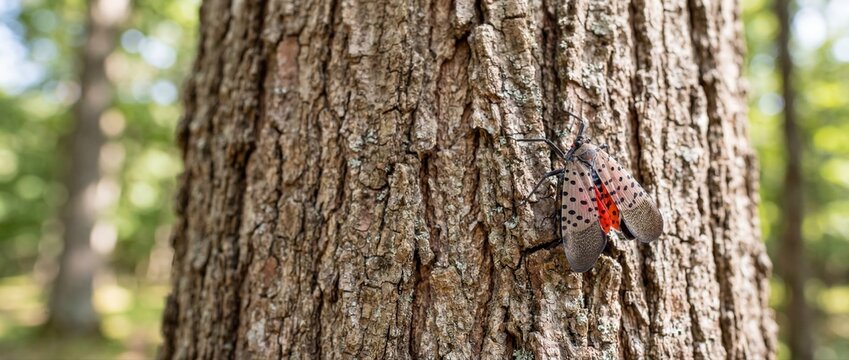 Spotted Lanternfly Lycorma delicatula on a tree trunk. Invasive insect pest with red wings. Macro nature photography