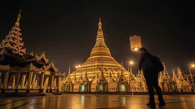 Shwedagon Pagoda at Night with Floating Lantern Yangon Myanmar &ndash; Golden Buddhist Temple.