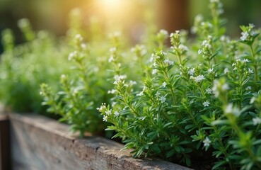 Thyme herb blossoms with small white flowers in wooden raised garden bed. Green leaves grow healthy. Sun shines on plant in spring. Natural seasoning ingredient.