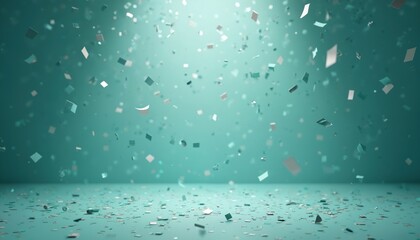 Obraz premium Teal confetti falls down in studio light. Shiny squares scatter across floor and air. Background for celebration party event festive design graphic.