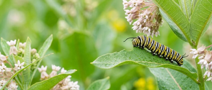 Monarch caterpillar eating a milkweed leaf in the garden. Striped butterfly larva feeding on plant. Nature macro photography