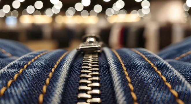 Close up of denim jeans zipper with metal pull tab and stitching
