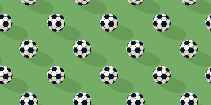 Seamless pattern with soccer balls and long shadows for sports surface design, minimalistic background in modern clean flat style, vector illustration.