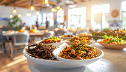 Abundant buffet spread of colorful, nutrient-dense dishes served at a vibrant restaurant during a meal