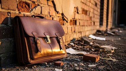 Old leather briefcase rests against a brick wall amidst scattered debris in an urban setting during twilight hours