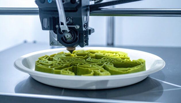 Advanced 3D food printer precisely extruding intricate green plant-based patterns onto a white plate, showcasing innovative culinary technology.
