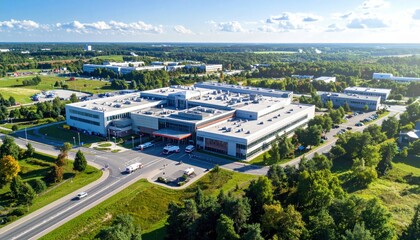 Aerial view of a large, modern hospital campus with ambulances arriving at the emergency entrance on a bright, sunny day.