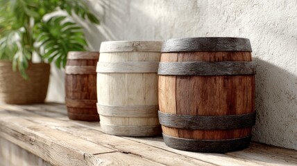 Fototapeta premium Rustic wooden barrels on wooden shelf with green plant background
