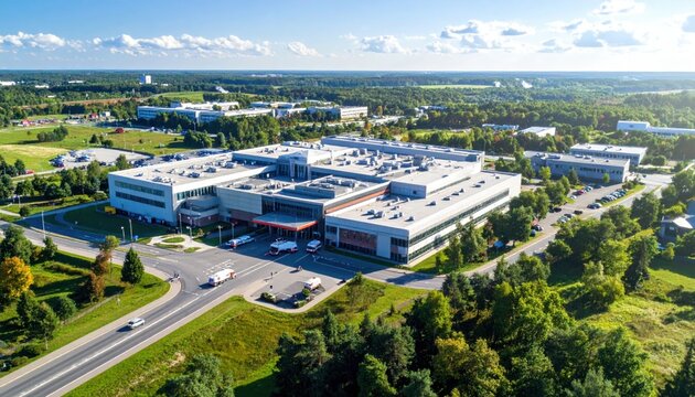 Aerial view of a large, modern hospital campus with ambulances arriving at the emergency entrance on a bright, sunny day.