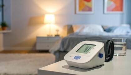 A modern digital blood pressure monitor sits on a bedside table, displaying vital health readings in a warm, softly lit bedroom setting.