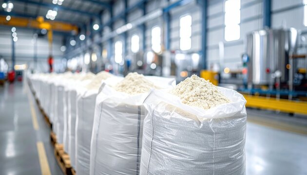Bulk sacks of protein flour derived from cultured insect larvae in a processing facility