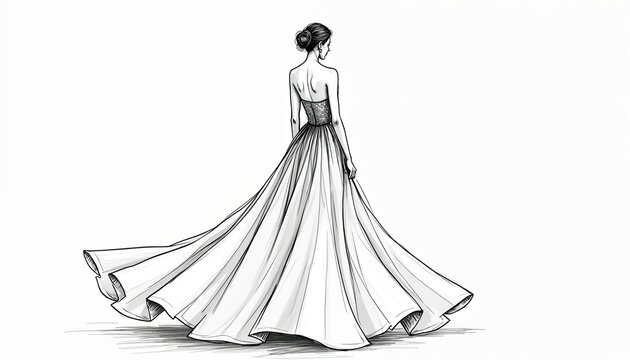 Woman wears elegant ball gown with long train. Fashion sketch shows strapless bodice and flowing skirt. Detailed illustration, minimalist style, white background.