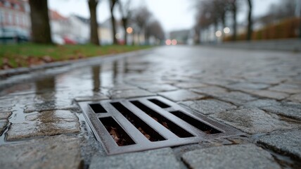 Rainwater drainage on cobblestone street in urban setting
