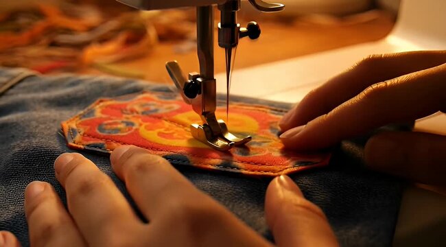 Close up image of sewing machine stitching colorful fabric patch onto denim